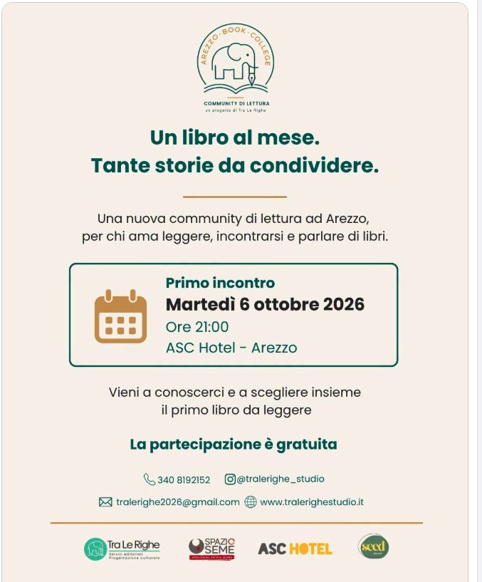 Locandina di Arezzo Book College: primo incontro martedì 6 ottobre 2026 alle 21 all'ASC Hotel di Arezzo
